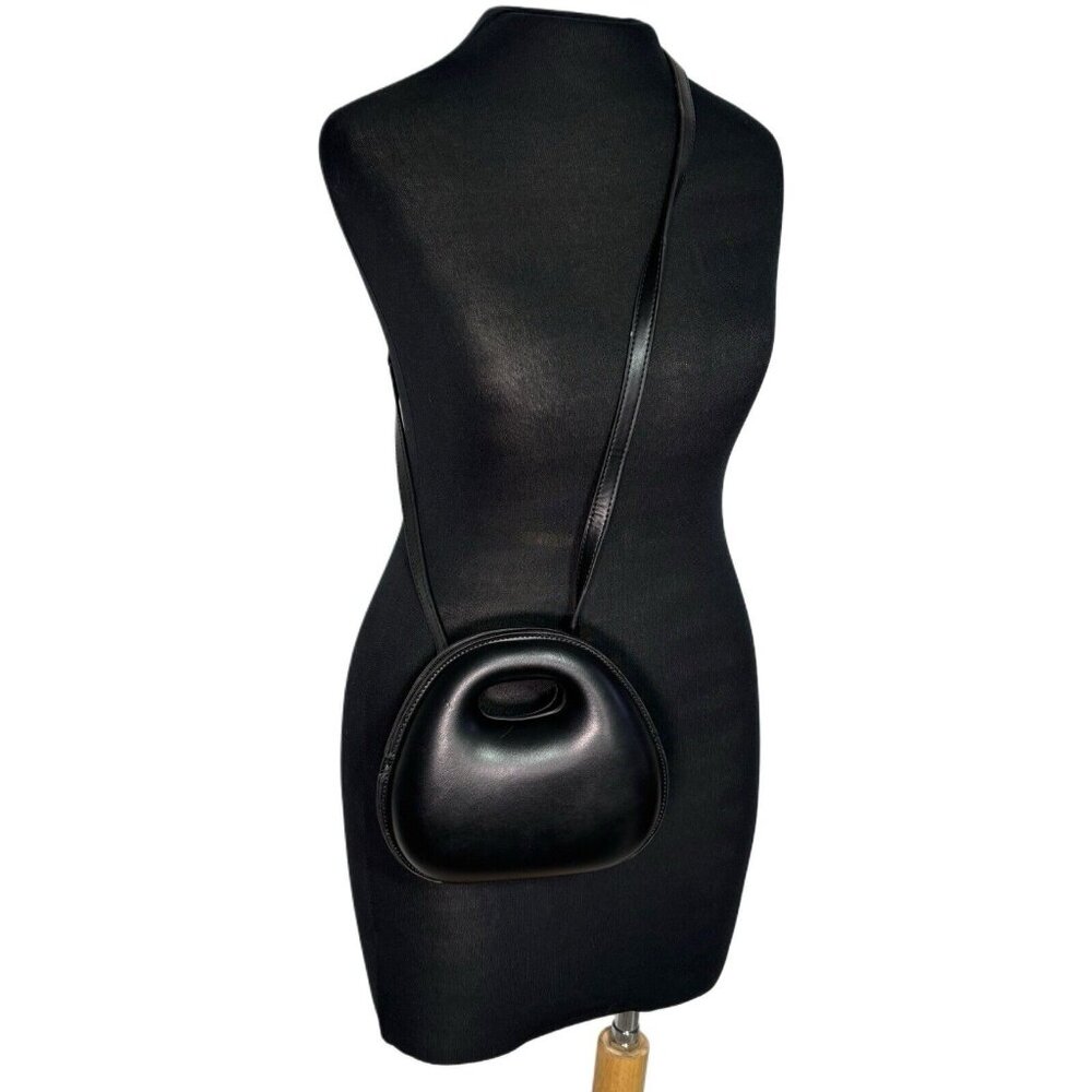 Small Black Leather Handbag With Handle Cutout & Strap